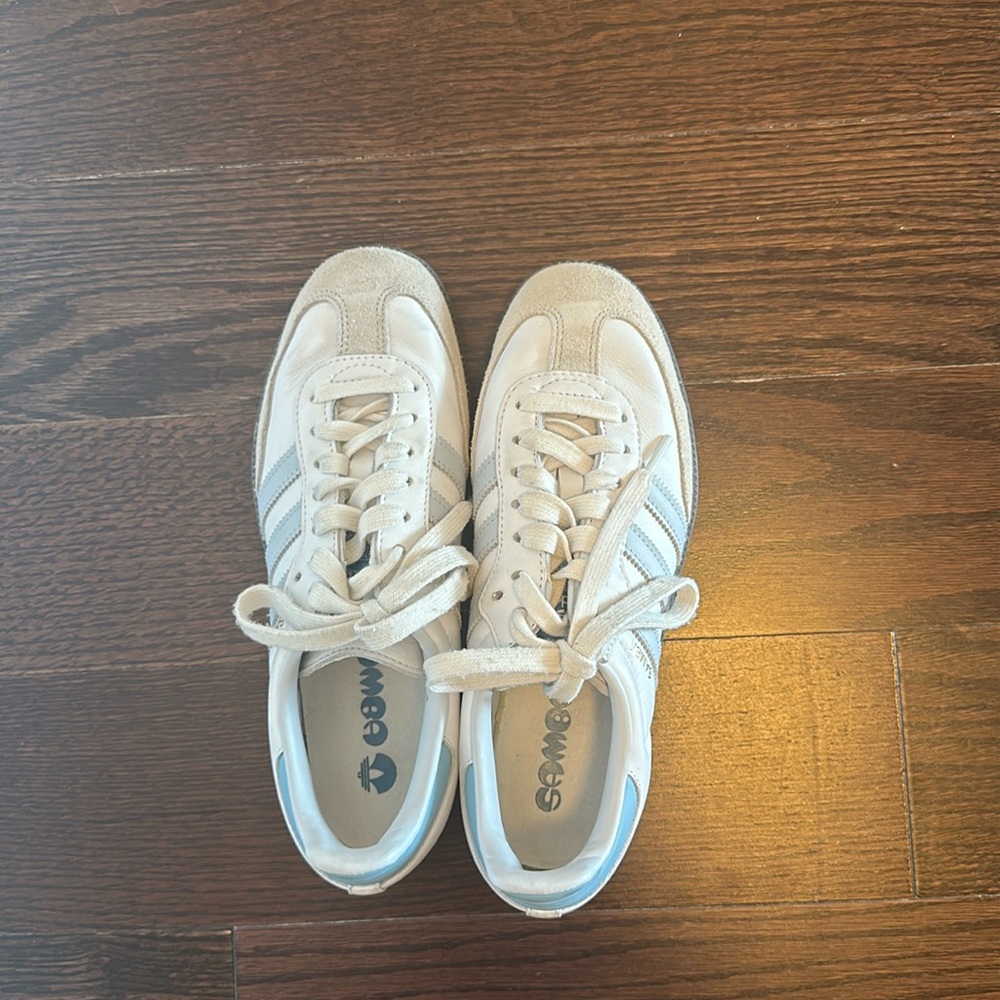 Lightly used White and baby blue adidas sambas in size 5.5